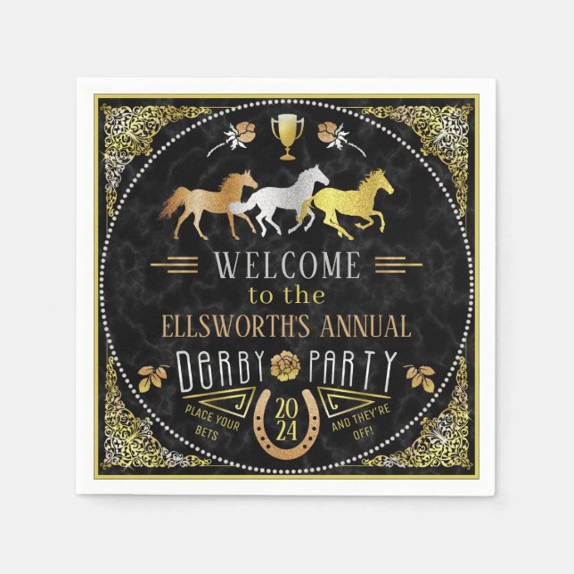 Servilleta De Papel Carreras de caballos Derby Day Fiesta Art Deco Oro (Anverso)