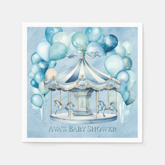 Servilleta De Papel Carrusel azul con Arch Balloons Boy Baby Shower (Anverso)