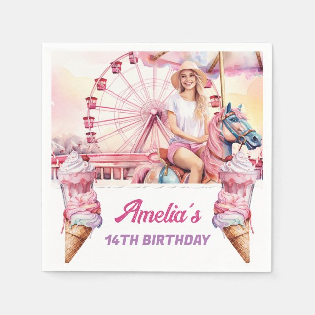 Servilleta De Papel Carrusel de cumpleaños de parque de diversiones (Anverso)