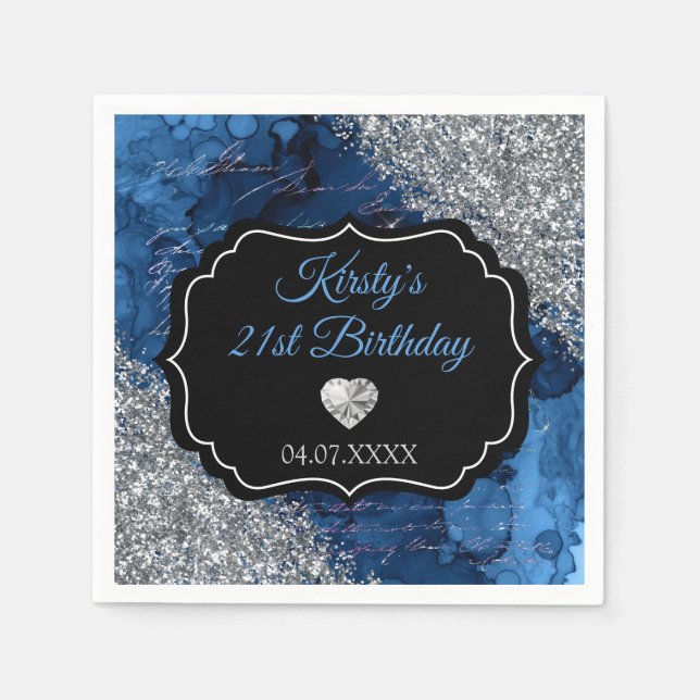 Servilleta De Papel Cartas de Sirena Azul Brillo Plateado Cumpleaños (Anverso)