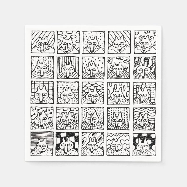 Servilleta De Papel Cartoon Foxes Faces Squares Drawing (Anverso)