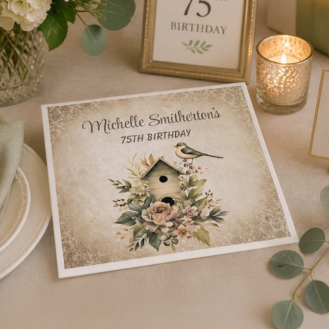 Servilleta De Papel Casa de pájaros Botánico Naturaleza 75 cumpleaños  (Rustic birdhouse birthday party paper napkins)