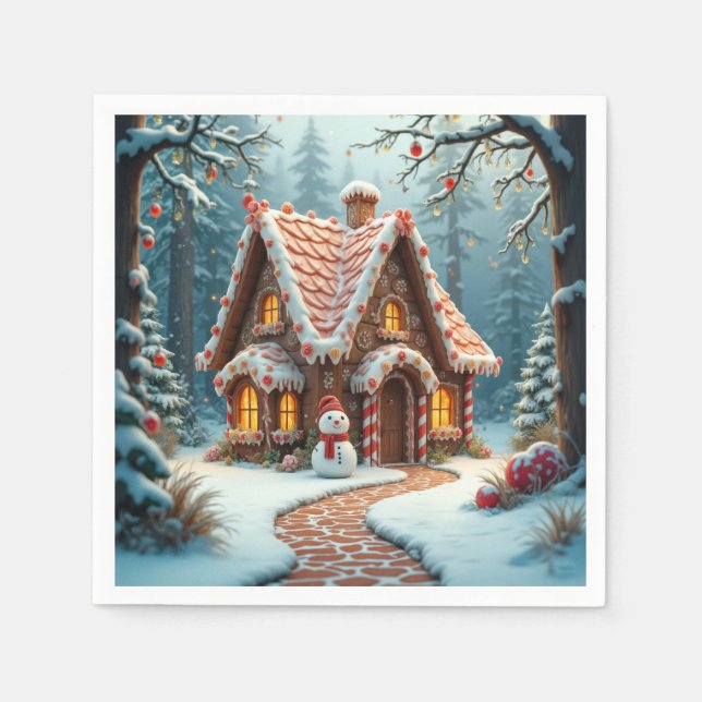Servilleta De Papel Casa de pan de jengibre de Navidad con un muñeco d (Anverso)