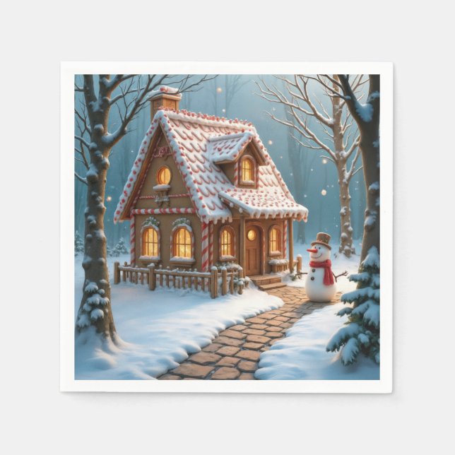 Servilleta De Papel Casa de Pan de Jengibre de Navidad Con un Muñeco d (Anverso)