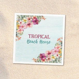 Servilleta De Papel Casa de Playa Tropical Flores Rosadas Floral Botán