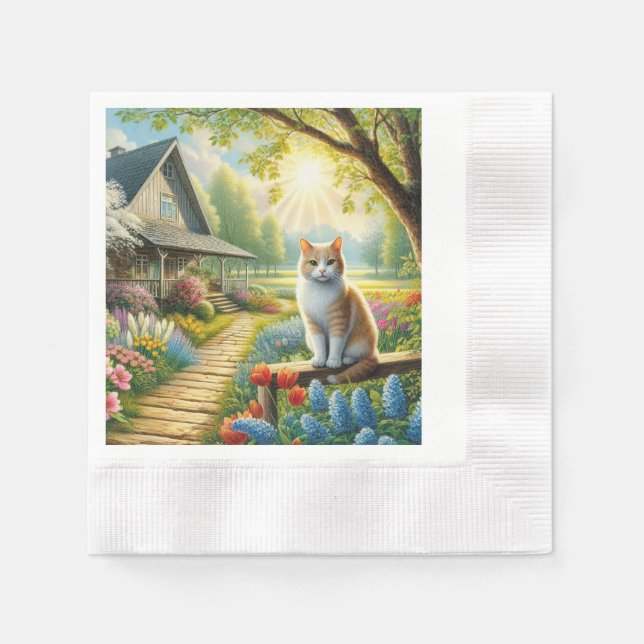 Servilleta De Papel Casa de primavera/jardín y gato (Anverso)