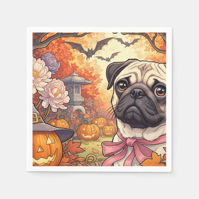 Servilleta De Papel Casa de Pug Dog & Halloween, otoño, Art Nuovo (Anverso)