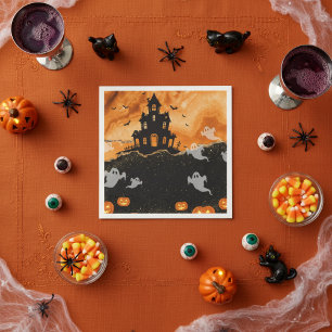 Servilleta De Papel Casa Embrujada de Halloween Naranja Glitter Dorado