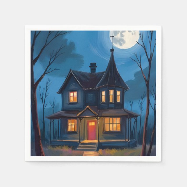 Servilleta De Papel Casa Embrujada Halloween Pintada a Mano (Anverso)