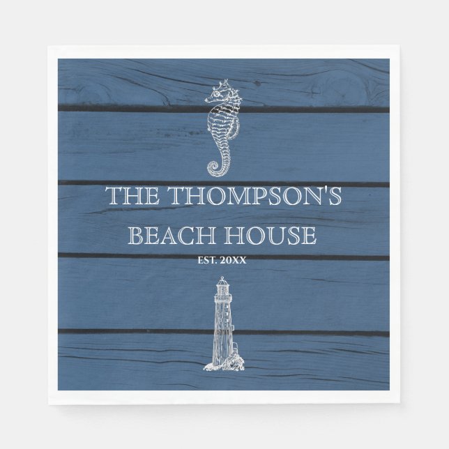 Servilleta De Papel Casa Rustic Blue Wood Seahorse Lighthouse Beach Ho (Anverso)