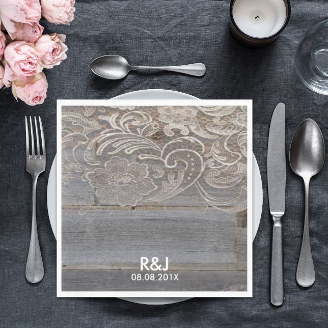 Servilleta De Papel casamiento rústico de madera de grano encaje de ca (rustic barn wood lace western country wedding napkins)
