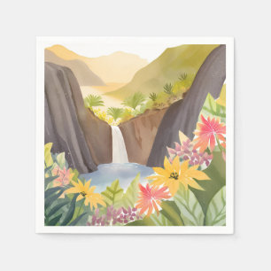 Servilleta De Papel Cascada Tropical   Paisaje Floral de Acuarela