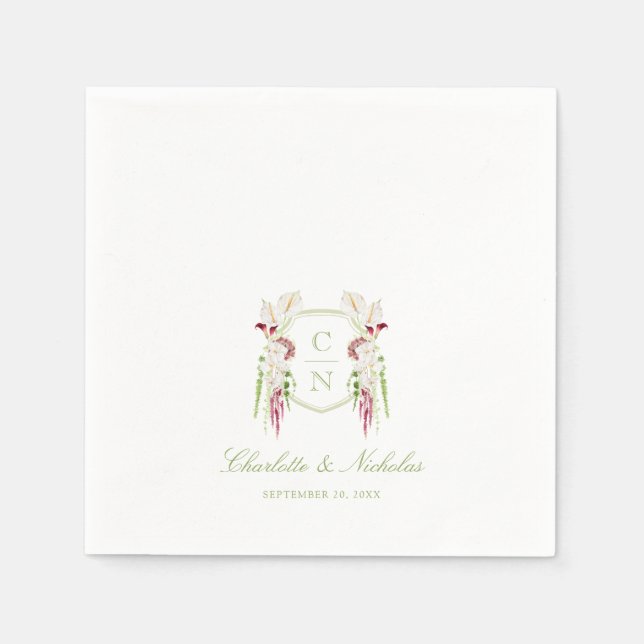 Servilleta De Papel Cascading Floral Monogram Crest Wedding (Anverso)