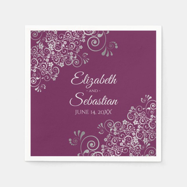 Servilleta De Papel Cassis Morado y Plata Frills Elegante Boda (Anverso)