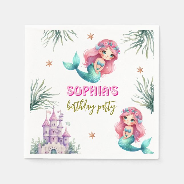 Servilleta De Papel castillo de sirena rosa cumpleaños (Anverso)