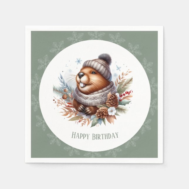 Servilleta De Papel Castor con sombrero y bufanda - Cumpleaños (Anverso)