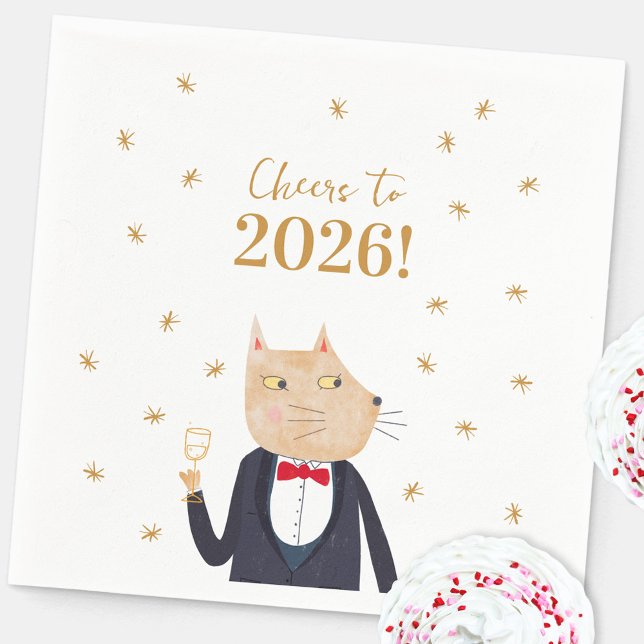Servilleta De Papel Cat Cheers to 2026 New Year (Fun Cat in a Tuxedo and Bow Tie New Year 2026 party paper napkin)