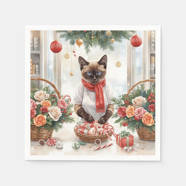 Servilleta De Papel Cat is arranging Christmas Flowers (Anverso)