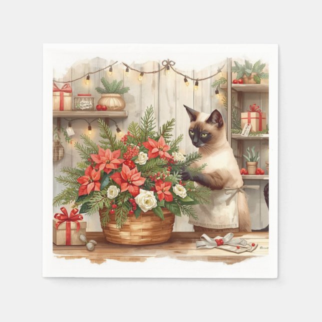 Servilleta De Papel Cat is arranging Christmas Flowers (Anverso)