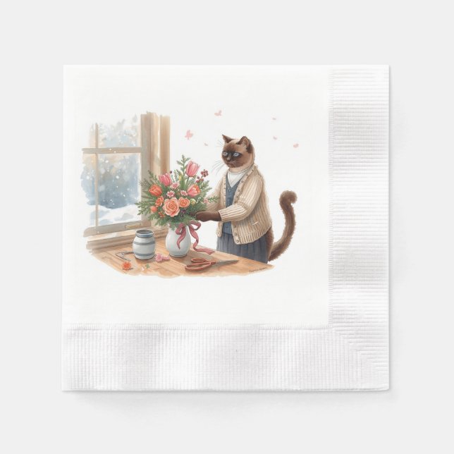 Servilleta De Papel Cat is arranging Christmas Flowers (Anverso)