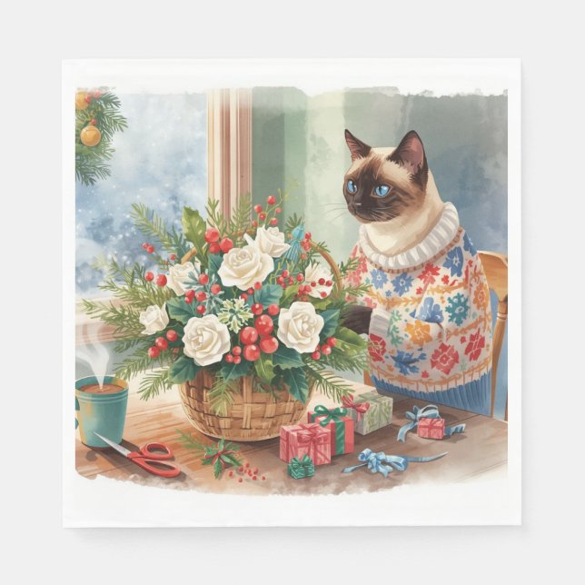 Servilleta De Papel Cat is arranging Christmas Flowers (Anverso)