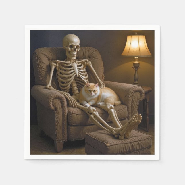 Servilleta De Papel Cat On a Halloween Skeleton (Anverso)
