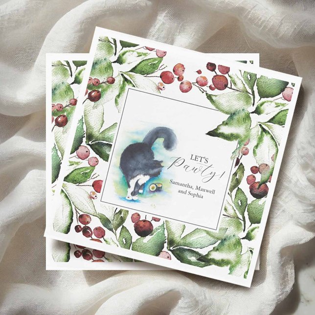 Servilleta De Papel Cat Pet Portrait Christmas Cocktail Napkins (Custom cocktail napkins with watercolor cat portraits for weddings, showers, & Christmas parties)