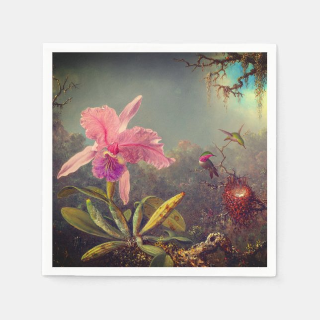 Servilleta De Papel Cattleya Orchid y tres Hummingbirds Heade (Anverso)
