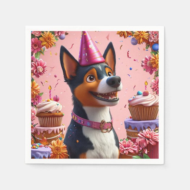 Servilleta De Papel Celebración de cumpleaños con perro feliz (Anverso)