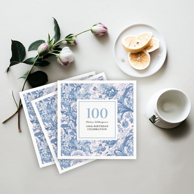 Servilleta De Papel Celebración de cumpleaños número 100 de la tela az (Personalize these French blue toile party napkins for your event.)
