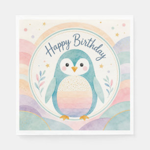Servilleta De Papel Celebración de Cumpleaños Pingüino Pastel Arcoíris