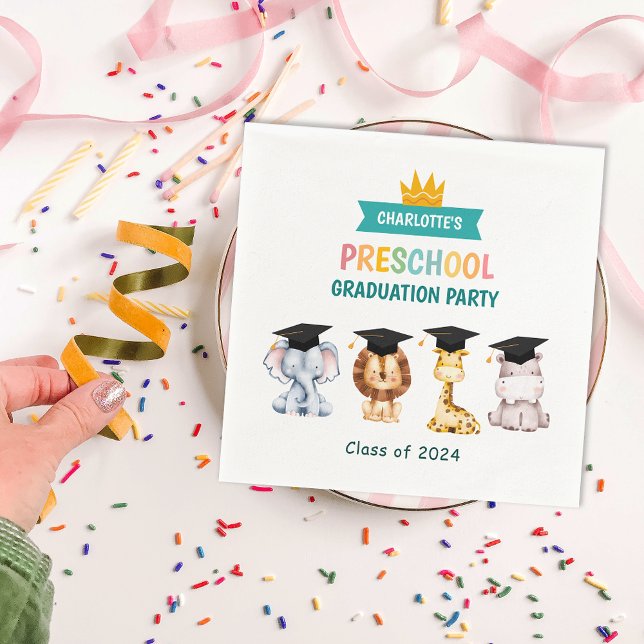 Servilleta De Papel Celebración de graduación preescolar para niños de (Animal Kids Preschool Graduation Celebration Napkins)