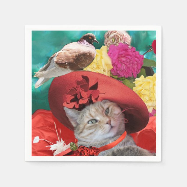 SERVILLETA DE PAPEL CELEBRITY CAT PRINCESS TATUS, GORRA ROJO CON PIGEO (Anverso)