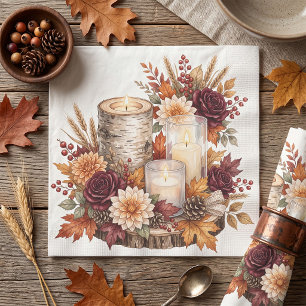 Servilleta De Papel Centro de mesa floral con vela de otoño rústico