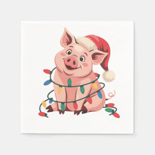 Servilleta De Papel Cerdo de luces de Navidad que lleva sombrero de Na