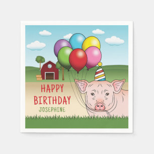 Servilleta De Papel Cerdo en una granja sosteniendo globos