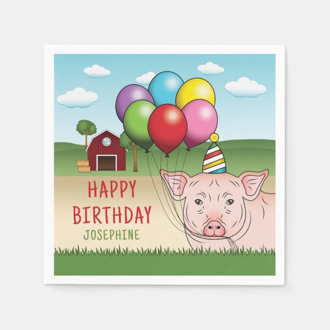 Servilleta De Papel Cerdo en una granja sosteniendo globos (Anverso)