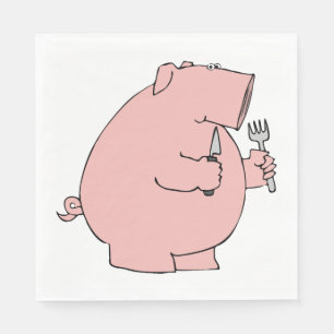 Servilleta De Papel Cerdo Hambriento Divertido Sosteniendo Tenedor y C