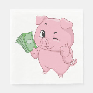Servilleta De Papel Cerdo Rosa Sosteniendo Efectivo Dando Pulgar Hacia