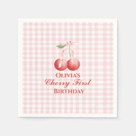 Servilleta De Papel Cereza primer cumpleaños lazo rosa Gingham