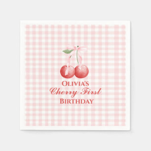 Servilleta De Papel Cereza primer cumpleaños lazo rosa Gingham