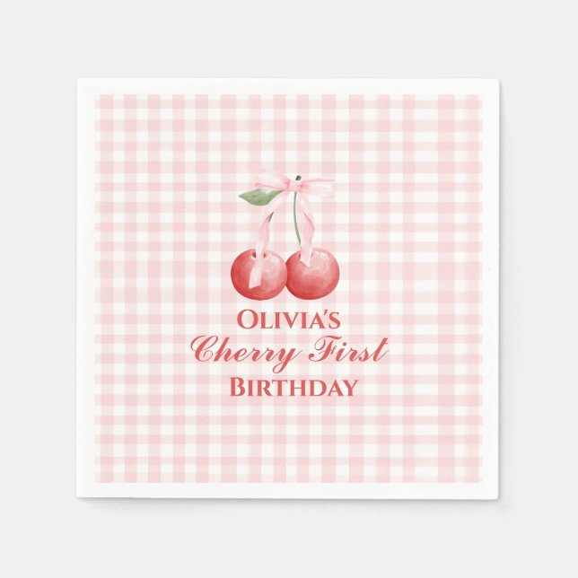 Servilleta De Papel Cereza primer cumpleaños lazo rosa Gingham (Anverso)