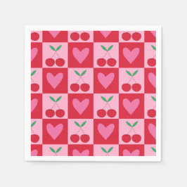 Servilleta De Papel Cerezas a cuadros con patrón de corazones rosas