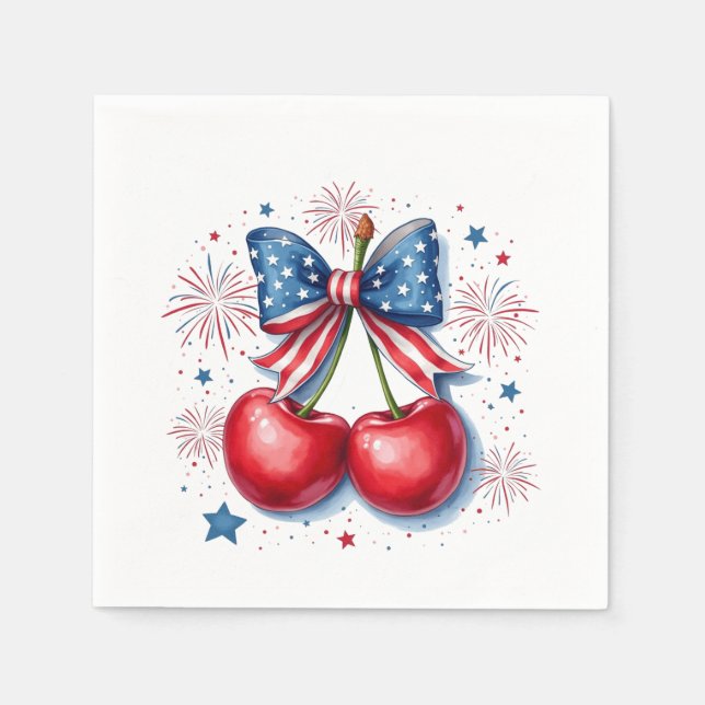 Servilleta De Papel Cerezas con Coquette Bow 4 de Julio Americano (Anverso)
