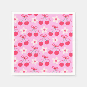 Servilleta De Papel Cerezas Coquetas con Lazos Rojos y Flores Blancas 