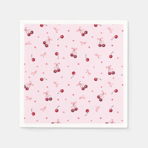 Servilleta De Papel Cerezas Rojas Adorables Corazones Lazos sobre Rosa