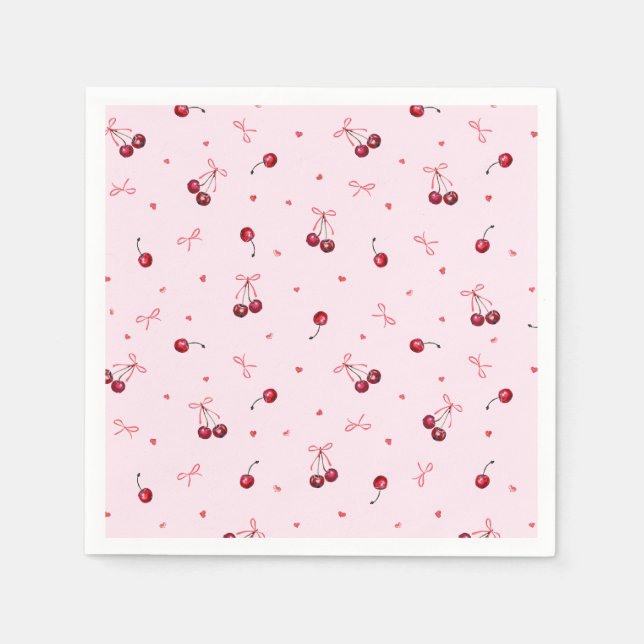 Servilleta De Papel Cerezas Rojas Corazones Lazos Adorables sobre Rosa (Anverso)