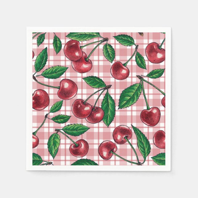 Servilleta De Papel Cerezas rojas en gingham rosa (Anverso)