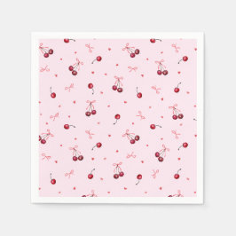 Servilleta De Papel Cerezas rojas lindas corazones lazos sobre rosa