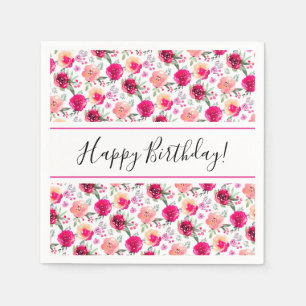 Servilleta De Papel Cerise Floral Cumpleaños Acuarela